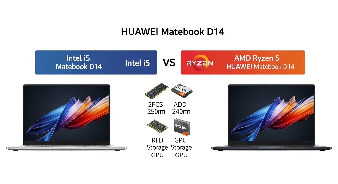 Infografía comparando las especificaciones de las computadoras Huawei Matebook D14 con procesadores Intel i5 y AMD Ryzen 5.