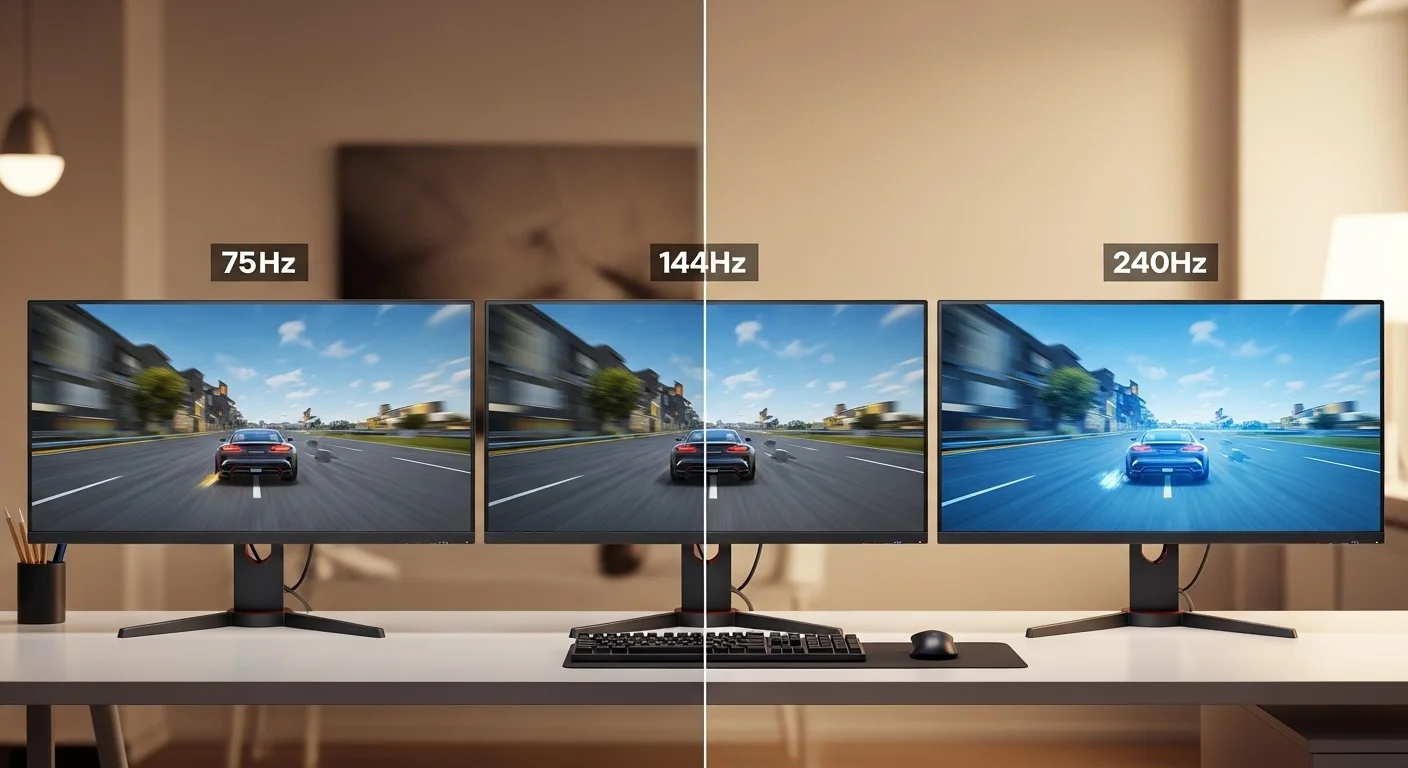 Una imagen comparativa que muestra la fluidez del movimiento en un monitor de 75 Hz, 144 Hz y 240 Hz, destacando las diferencias visuales.