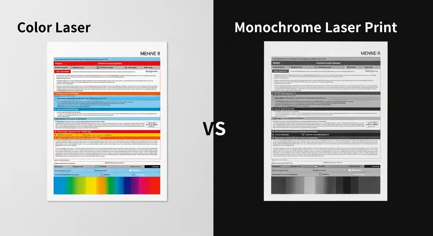 Comparativa visual lado a lado de un documento impreso en láser a color y otro en monocromático para mostrar la diferencia en computadoras