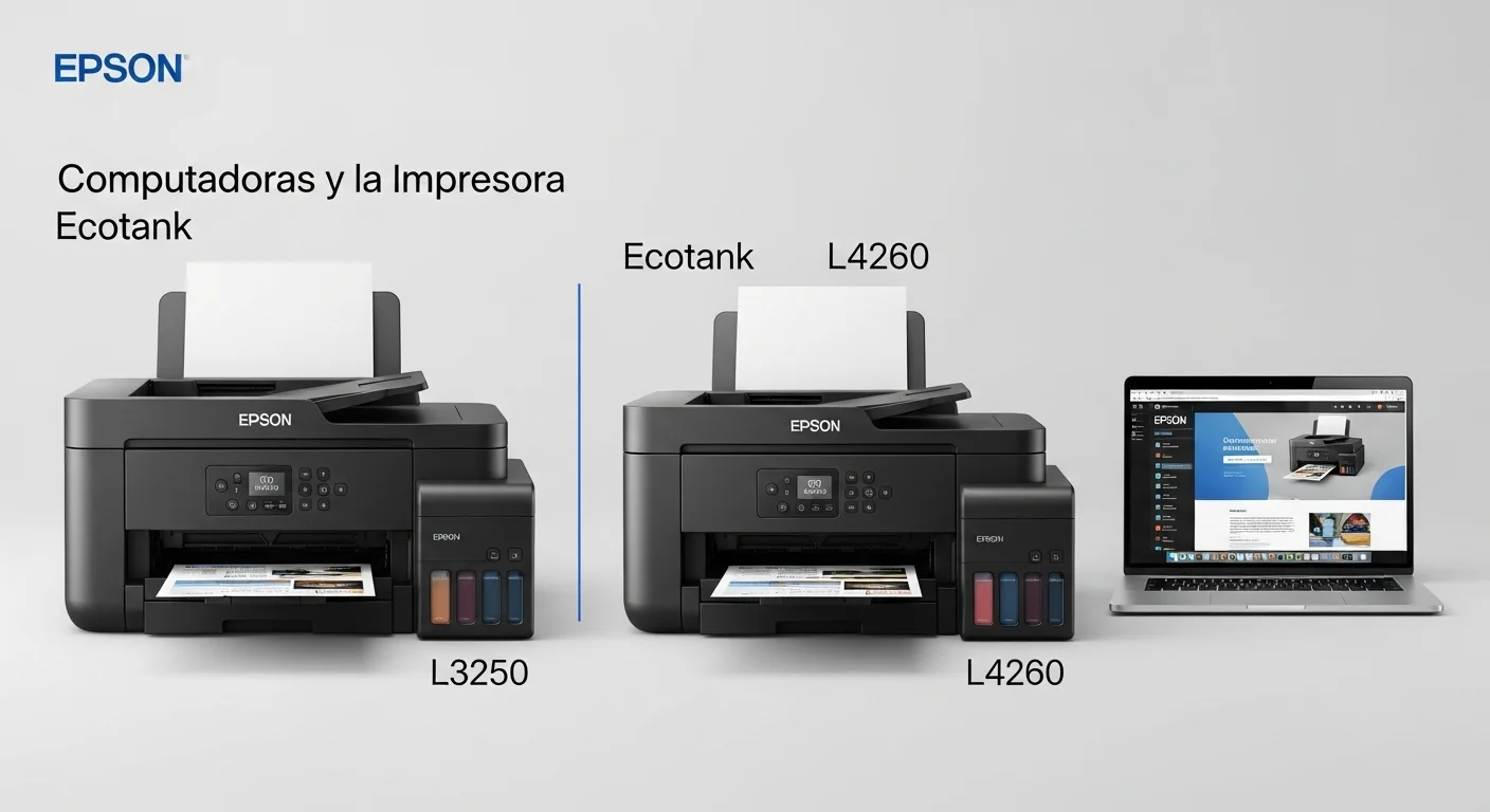 Imagen comparativa mostrando lado a lado la impresora Epson Ecotank L3250 y la L4260, destacando sus diferencias visuales junto a una laptop.