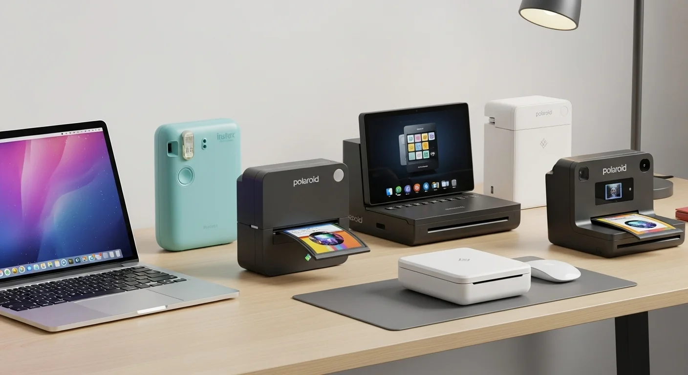 Varios modelos de impresora de fotos polaroid y una impresora polaroid instax sobre un escritorio de trabajo con una computadora portátil.