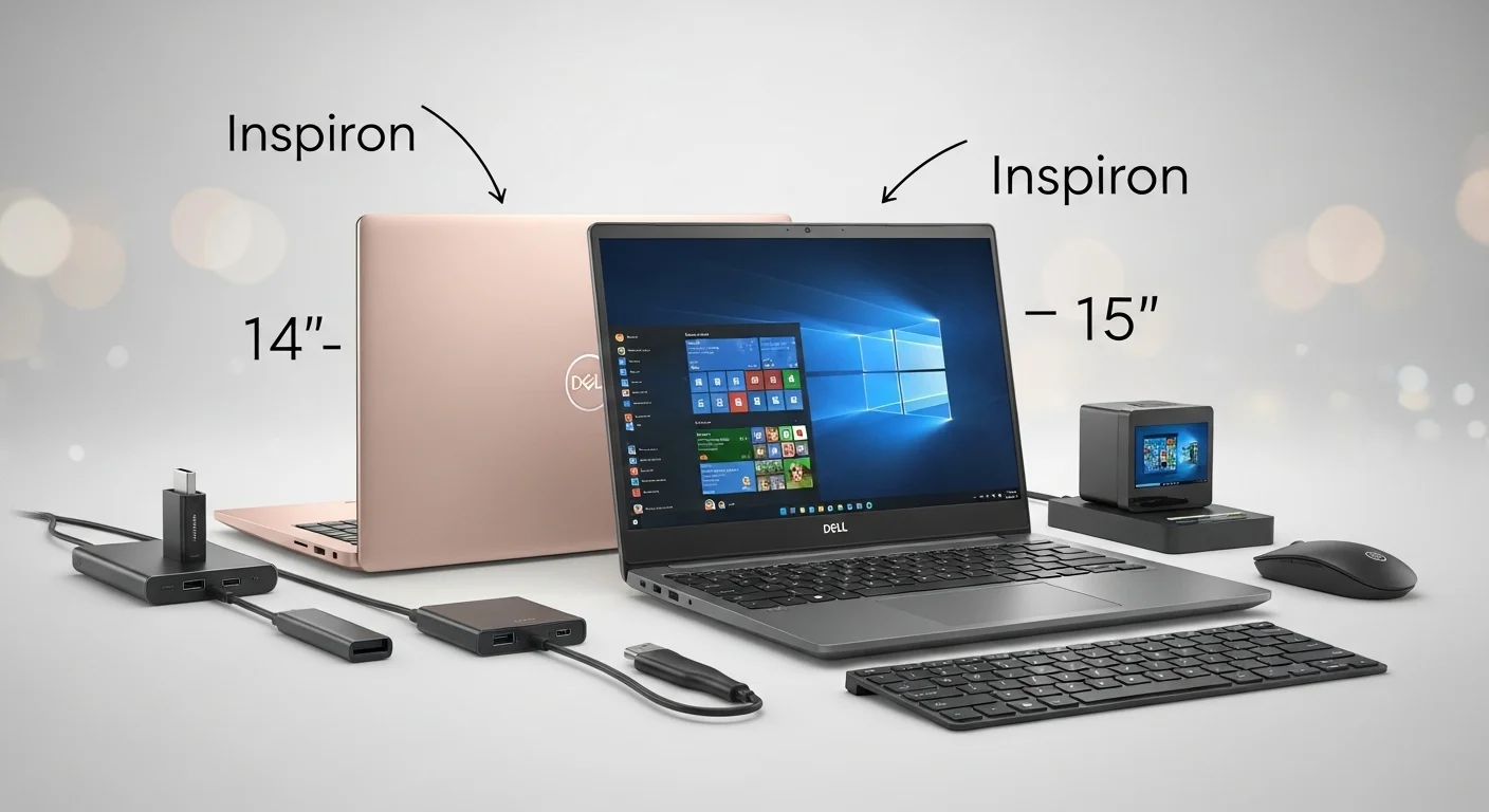 Dos computadoras Dell Inspiron, una de 14 pulgadas y otra de 15, una al lado de la otra para comparar su tamaño y diseño, con accesorios tecnológicos alrededor.
