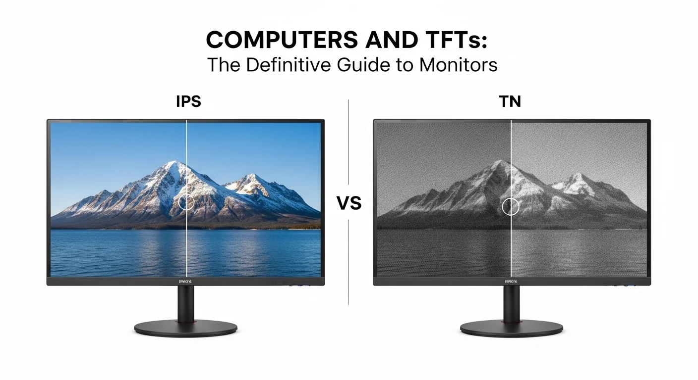 Comparación lado a lado de la calidad de imagen entre un monitor IPS TFT y un panel TN, destacando la superioridad de color y ángulo de visión del IPS.