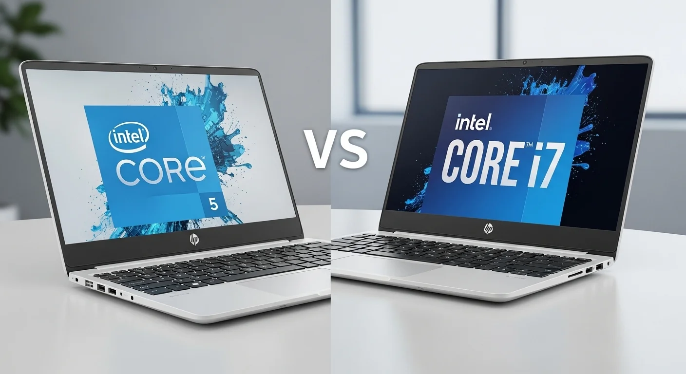 Dos laptops HP, una mostrando el logo de Intel Core i5 y la otra de Core i7, en una comparativa visual de rendimiento.