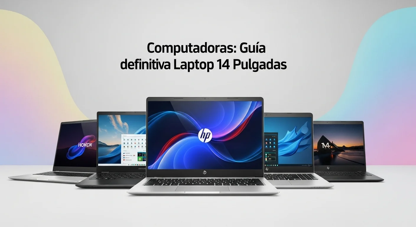 Varias computadoras portátiles de 14 pulgadas de diferentes marcas una al lado de la otra, enfocando en una HP Laptop 14 para una comparativa visual.