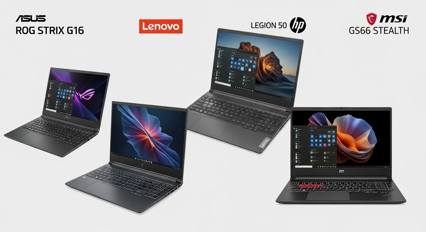 Comparativa visual de las laptops gaming más populares de Asus, Lenovo, HP y MSI, destacando sus diseños y características.