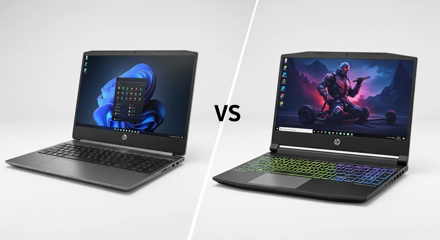 Comparativa de una laptop HP de trabajo junto a una laptop gamer iluminada, mostrando la diversidad del laptop mercado.
