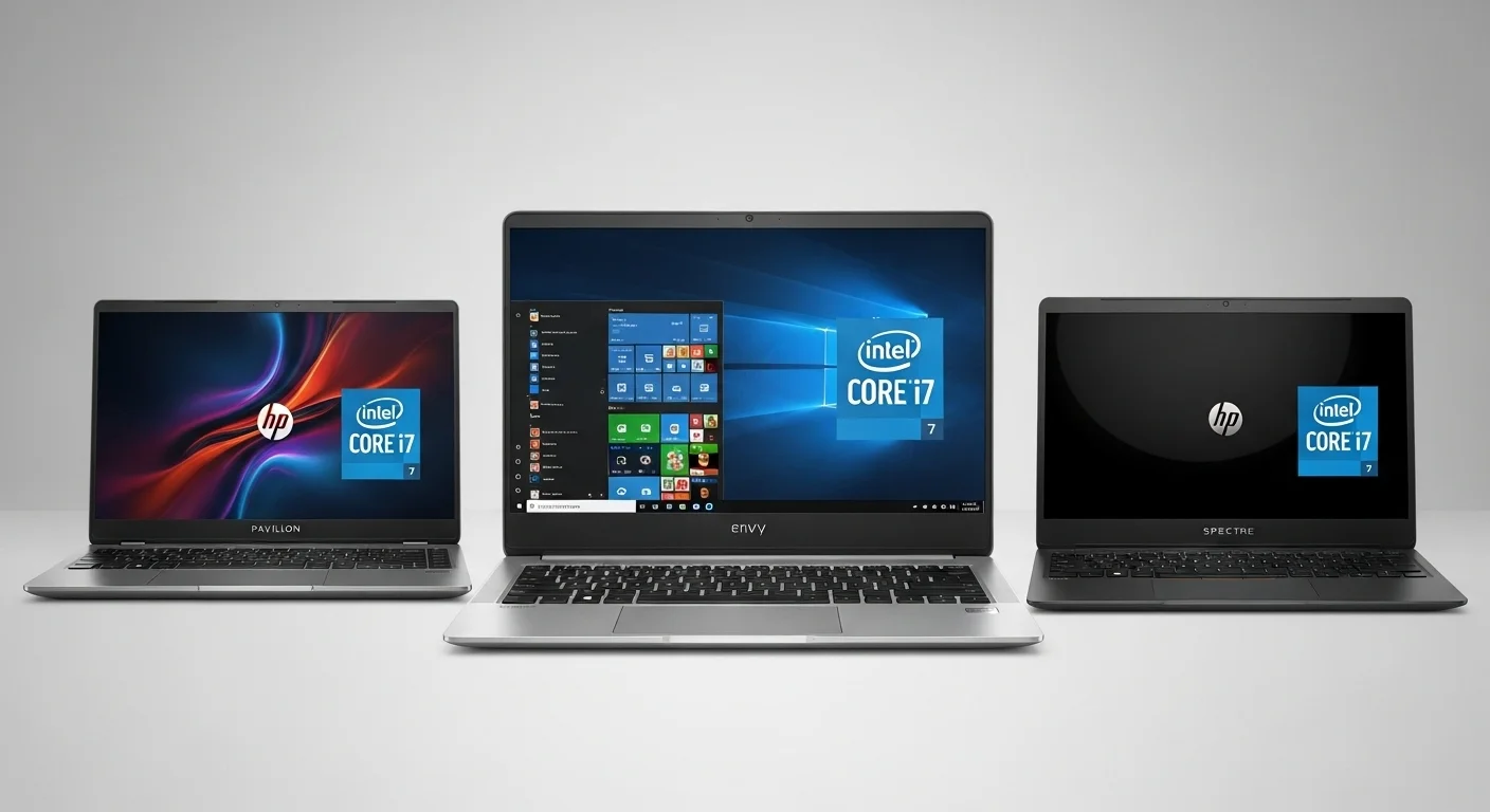 Tres laptops HP una al lado de la otra: una HP Pavilion, una HP Envy y una HP Spectre, todas mostrando el logo de Intel Core i7 en sus chasis para una comparativa visual.