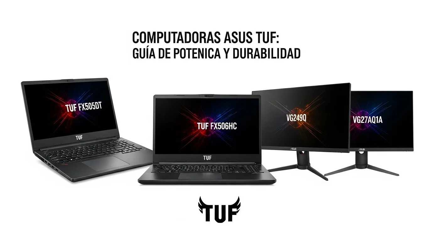 Imagen comparativa mostrando lado a lado la laptop Asus TUF FX505DT y la FX506HC, y los monitores VG249Q y VG27AQ1A, representando la evolución de la tecnología de computadoras.