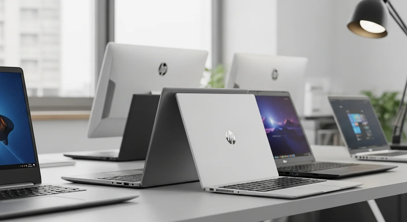 Varias computadoras portátiles de oficina de diferentes marcas, incluyendo una HP Notebook 250, dispuestas para una comparativa de tecnología y diseño.