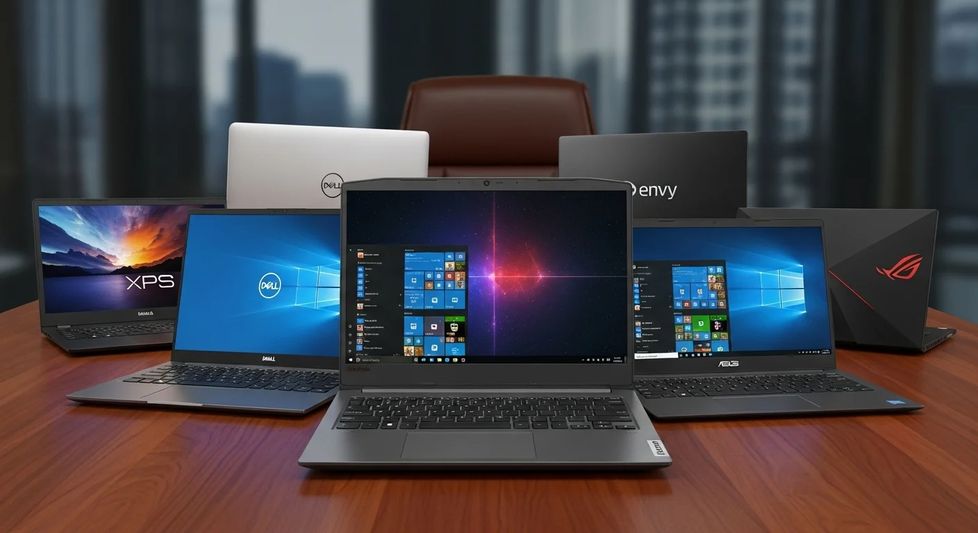 Varias computadoras laptop de diferentes marcas en una mesa de oficina, listas para una comparativa de rendimiento y características.