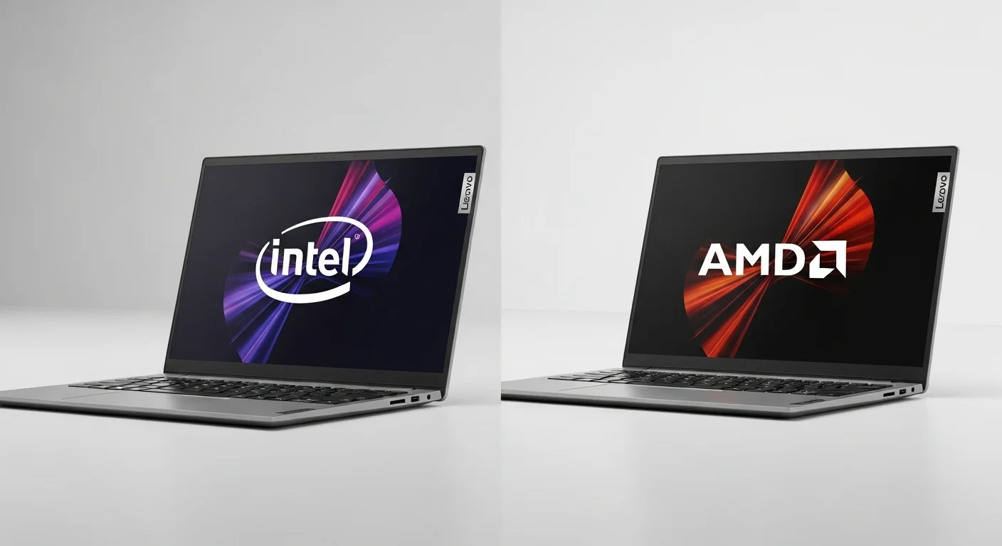 Dos computadoras Lenovo IdeaPad 3, una con el logo de Intel y otra con el de AMD, mostrando la dualidad de opciones.