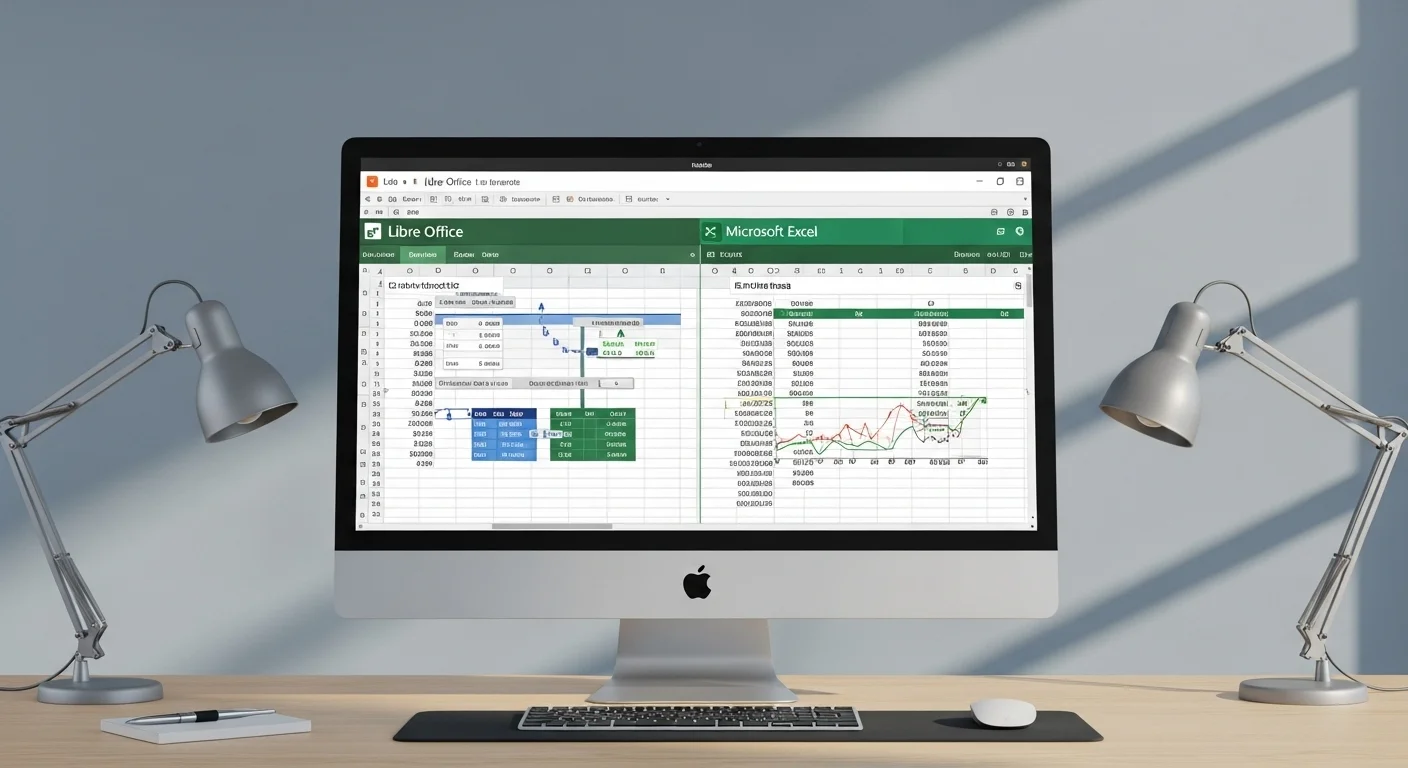 Pantalla de computadora mostrando una comparativa lado a lado de Libre Office Calc y Microsoft Excel en un análisis de datos.