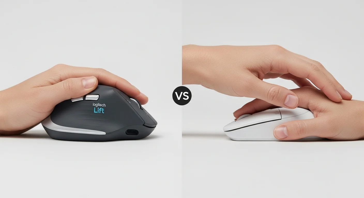 Comparativa visual entre la postura de la mano en un mouse Logitech Lift y un mouse tradicional, mostrando el beneficio ergonómico.
