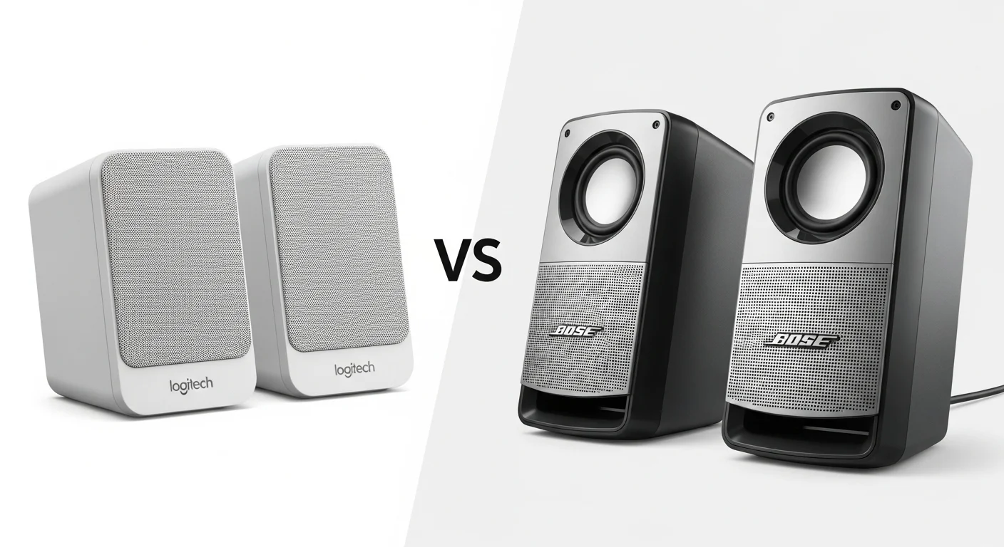 Una imagen comparativa que muestra unas bocinas para computadora Logitech junto a unas bocinas Bose, destacando las diferencias de diseño y posicionamiento en el mercado.