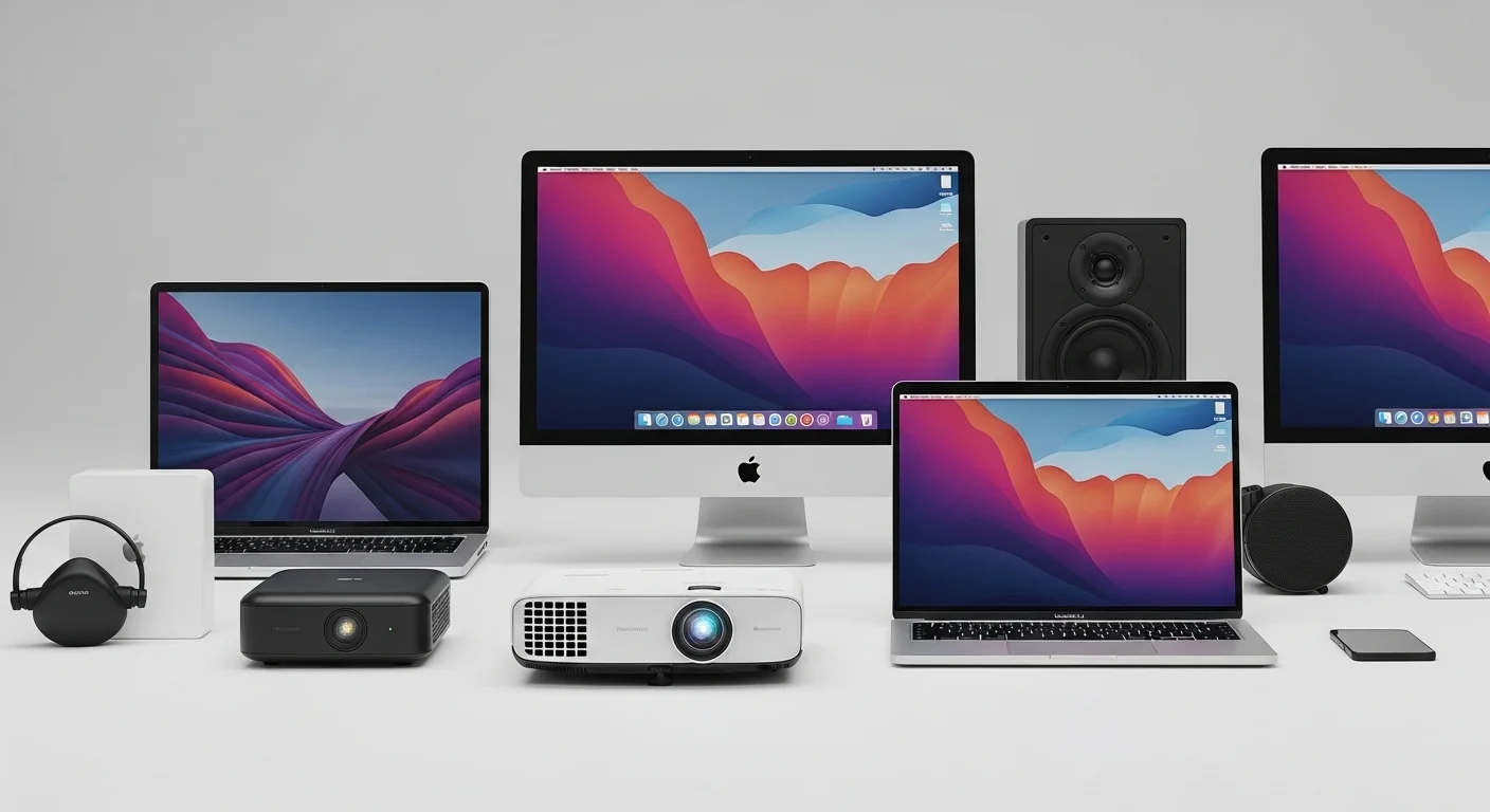 Varios modelos de computadoras Air Apple, incluyendo el MacBook Air M1 y M3, junto a accesorios como un proyector y bocinas.