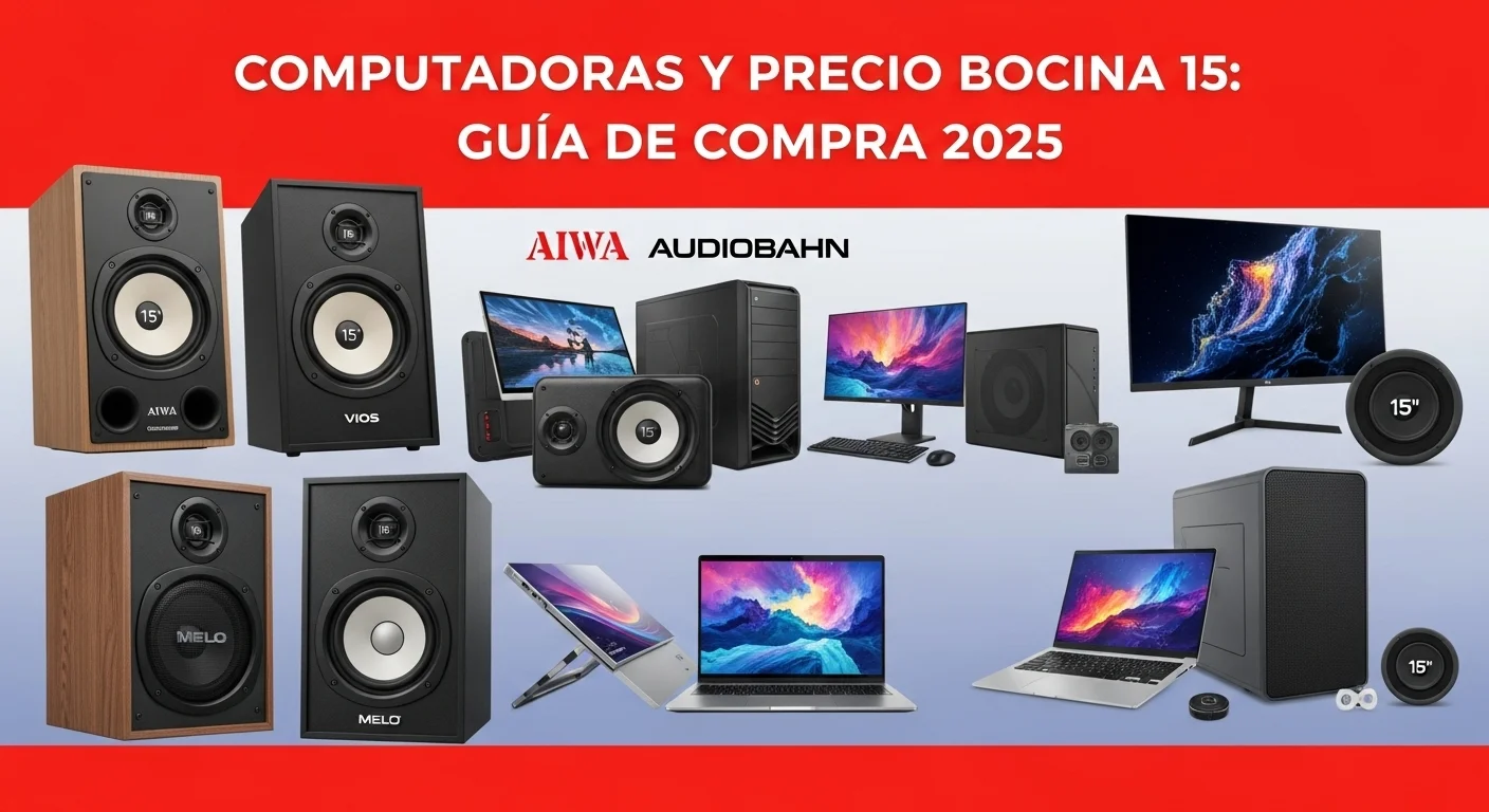 Collage de imágenes mostrando bocinas de 15 pulgadas de las marcas Aiwa, Audiobahn, Vios y Melo junto a varias computadoras y accesorios tecnológicos.