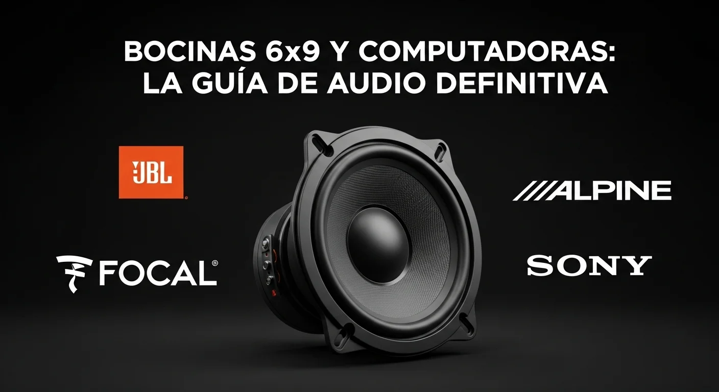 Una imagen mostrando las logos de JBL, Focal, Alpine y Sony alrededor de una bocina 6x9, representando la comparativa de marcas para computadoras y tecnología.