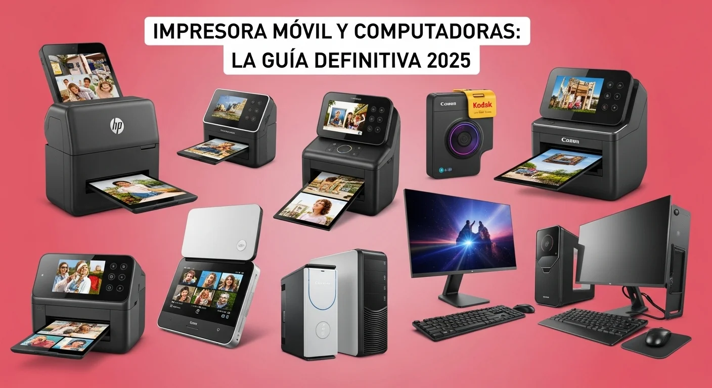 Collage de varias impresoras de fotos para móvil de marcas como HP, Canon y Kodak, destacando la variedad en el mercado de accesorios para computadoras y móviles.