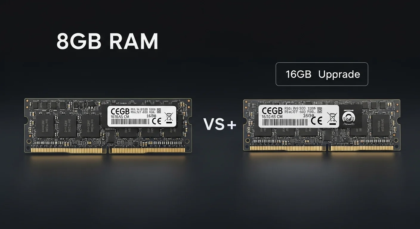 Imagen comparativa mostrando un módulo de memoria RAM de 8GB para laptop junto a dos módulos, representando la actualización a 16GB y la mejora en computadoras.