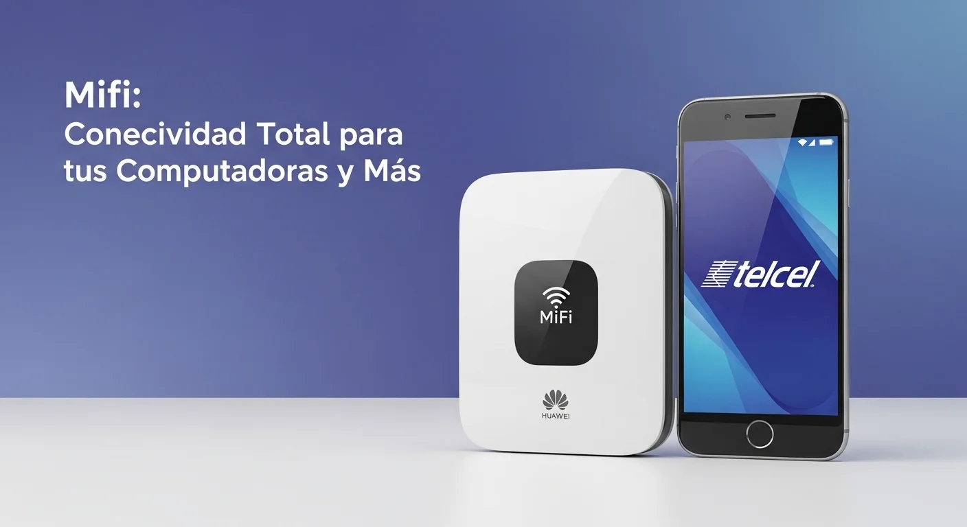 Un router mifi Huawei junto a un smartphone mostrando el logo de Telcel, simbolizando las opciones de planes y dispositivos para computadoras.