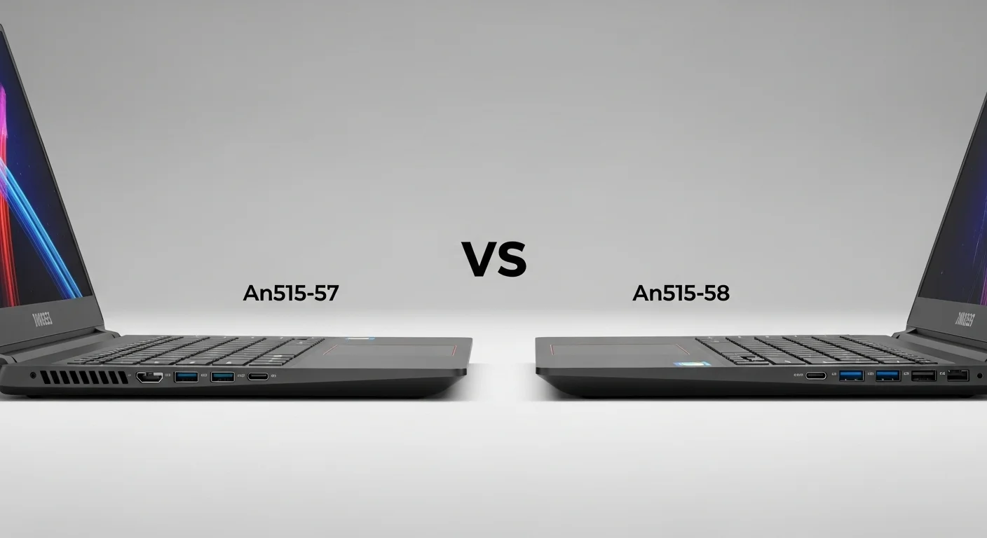 Comparativa visual de las computadoras An515-57 y An515-58, destacando las diferencias de diseño y puertos.
