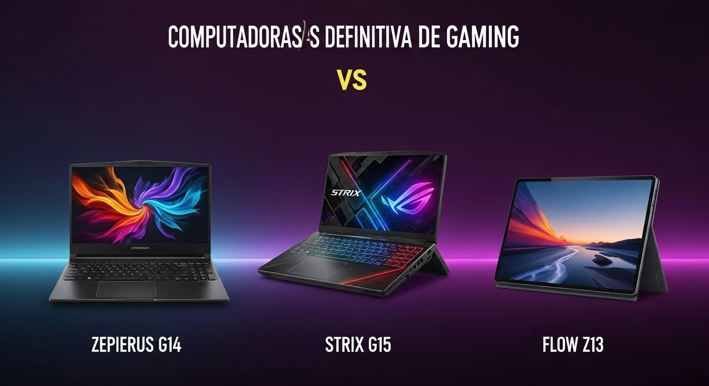 Comparativa de diferentes modelos de computadoras Asus ROG, mostrando un Zephyrus G14, un Strix G15 y una tablet Flow Z13
