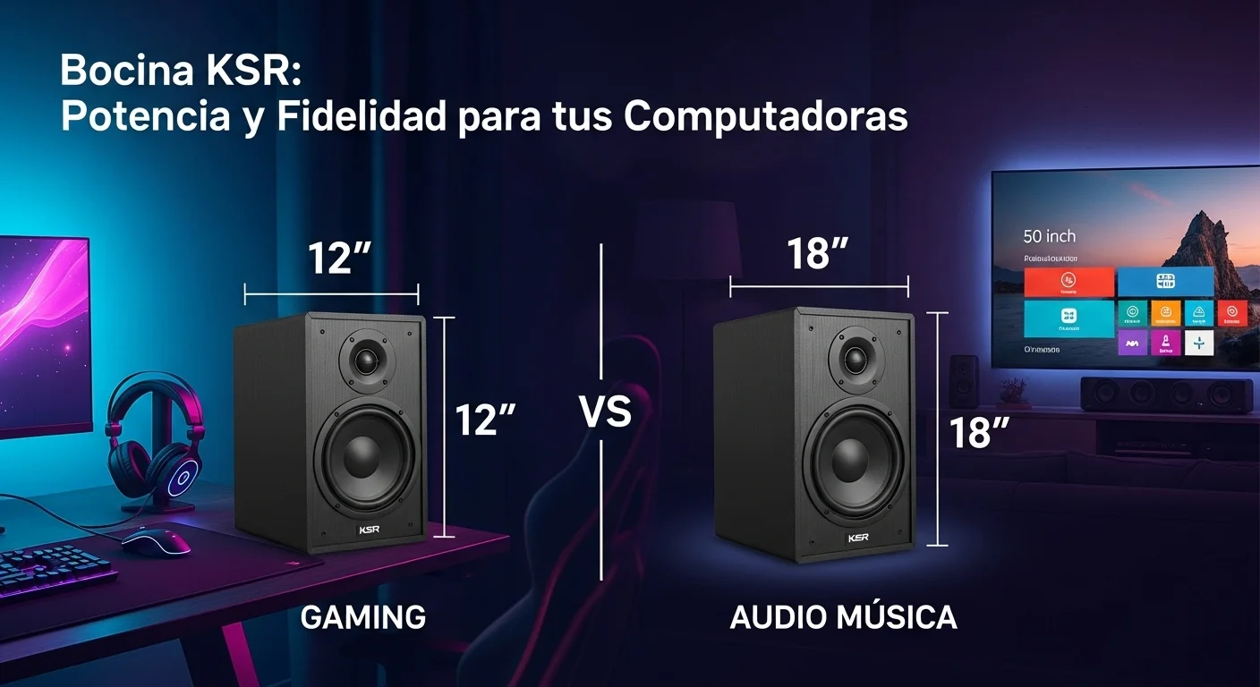 Comparativa visual de tamaño entre una bocina KSR de 12 pulgadas y una bocina KSR de 18 pulgadas, destacando las diferencias para distintos usos con computadoras.