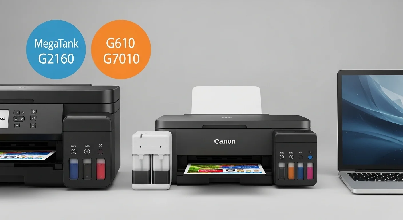 Vista detallada de los tanques de tinta de los modelos Canon Pixma G2160, G610 y G7010, destacando el sistema MegaTank junto a una computadora.