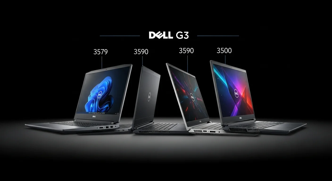 Varios modelos de computadoras Dell G3 uno al lado del otro, mostrando la evolución del diseño a través de las series 3579, 3590 y 3500.