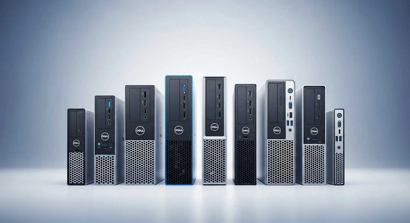 Una fila de varios modelos de computadoras Micro Dell Optiplex, mostrando su tamaño consistente y la evolución de sus puertos a lo largo de las generaciones.