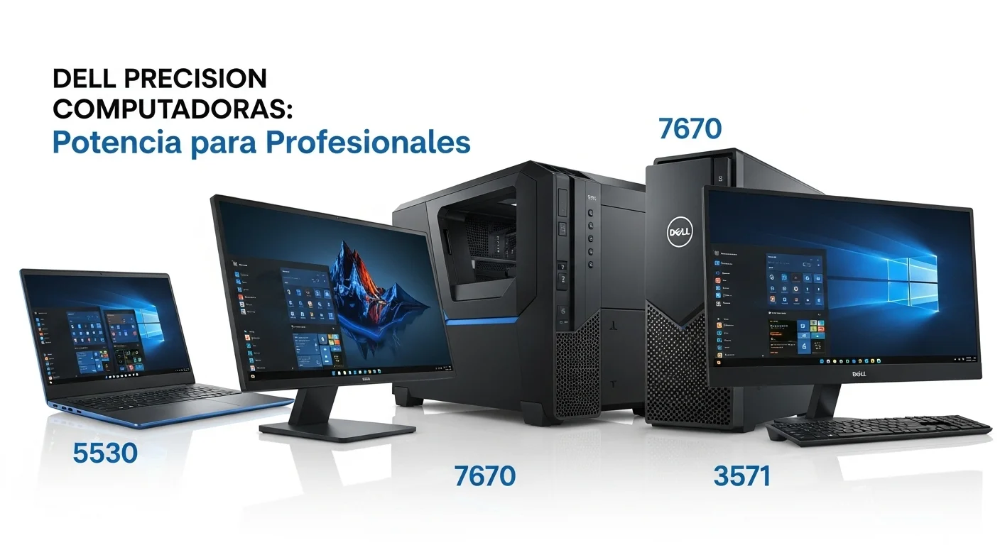 Collage de varias computadoras Dell Precision, incluyendo los modelos 5530, 7670 y 3571, destacando sus diferentes diseños y tamaños.