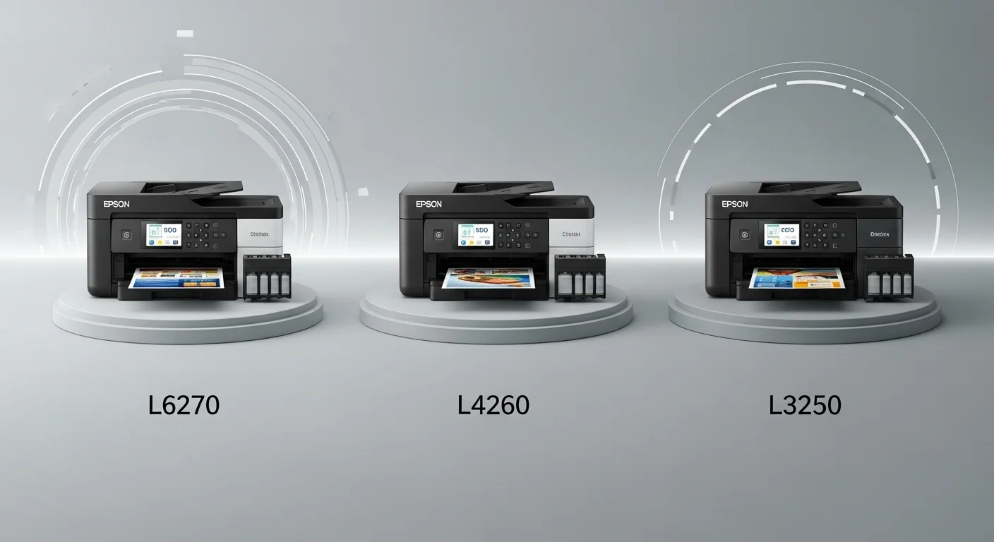 Imagen comparativa de los modelos de impresora multifuncional Epson EcoTank L6270, L4260 y L3250, destacando sus características para computadoras.