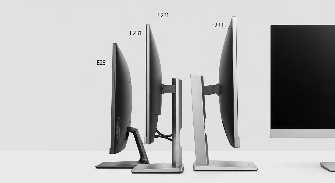 Comparativa lado a lado de varios monitores HP Elitedisplay, incluyendo el E231 y el E233, mostrando la evolución en el diseño de los biseles.