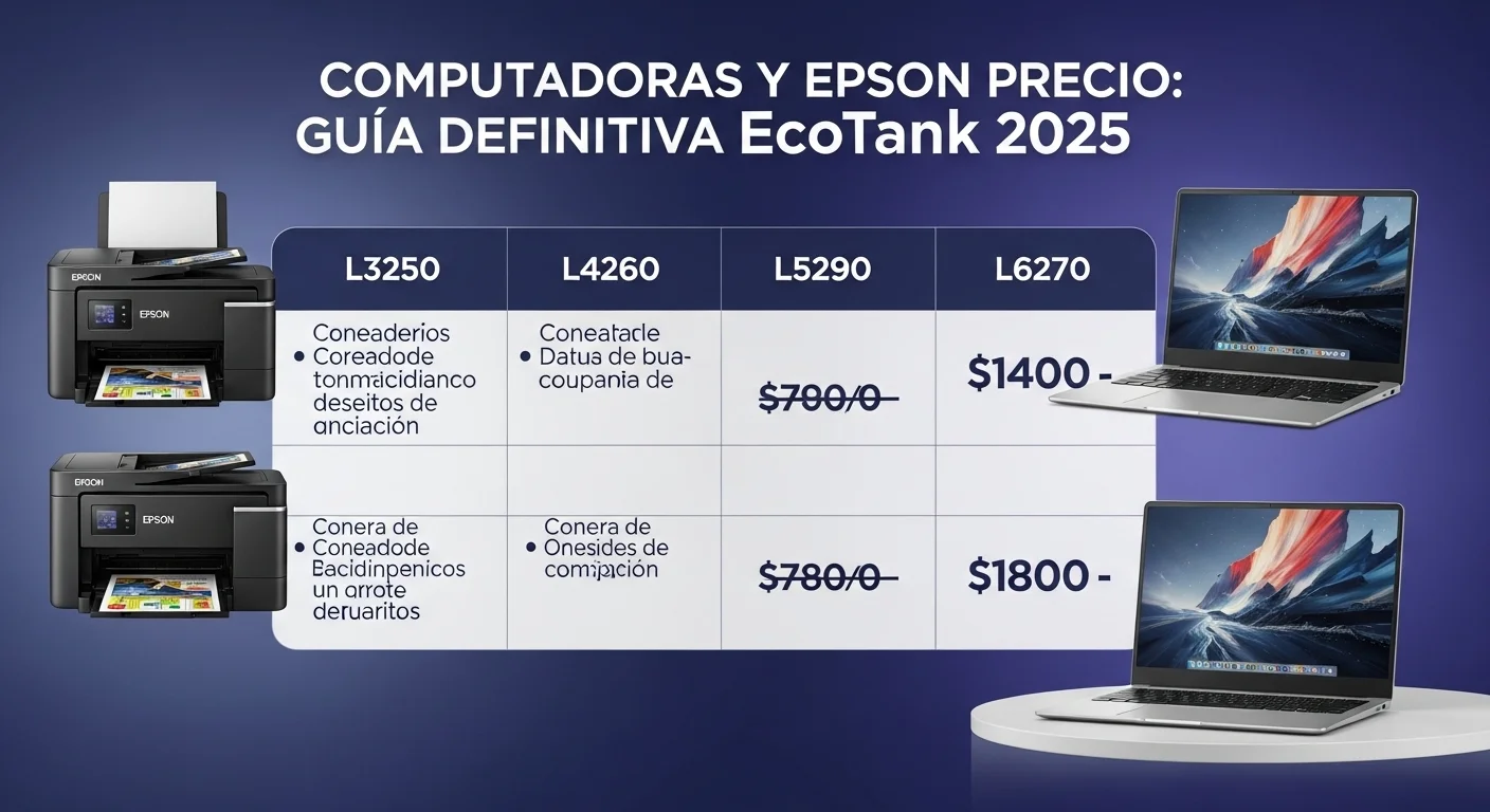 Tabla comparativa visual de los modelos Epson L3250, L4260, L5290 y L6270 junto a una laptop, resaltando la relación entre precio y características.