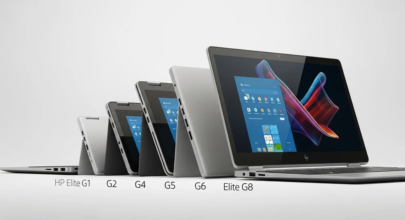 Varios modelos de la serie HP Elite X2, desde el G1 hasta el G8, mostrando la evolución del diseño de estas computadoras 2 en 1.