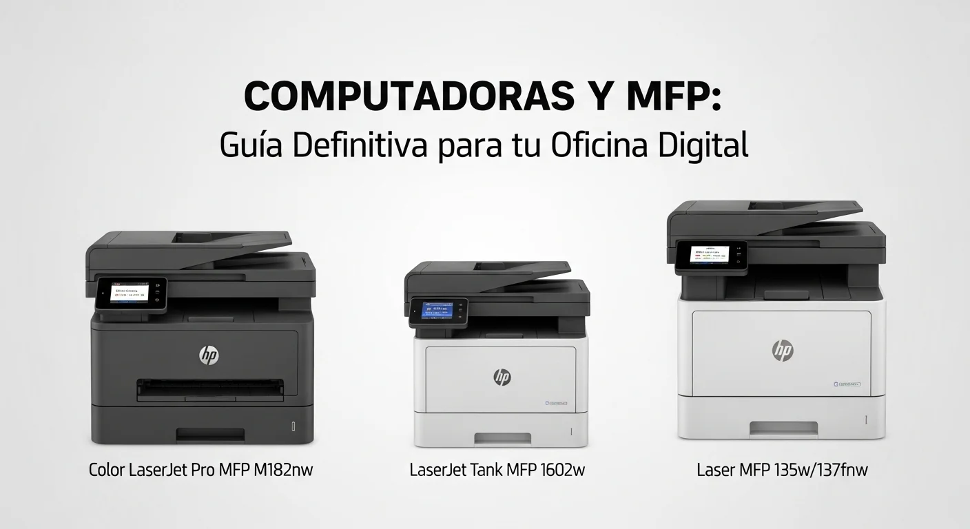 Una composición de imágenes mostrando los modelos de impresoras HP Color LaserJet Pro MFP M182nw, LaserJet Tank MFP 1602w y Laser MFP 135w/137fnw.
