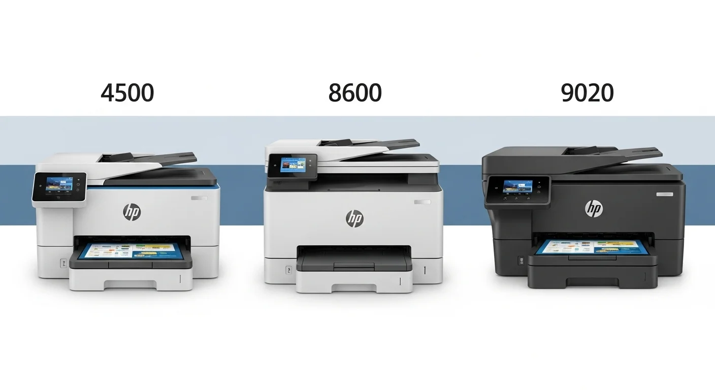 Imagen comparativa que muestra lado a lado los modelos HP Officejet 4500, 8600 y 9020, ilustrando la evolución del diseño y la tecnología.