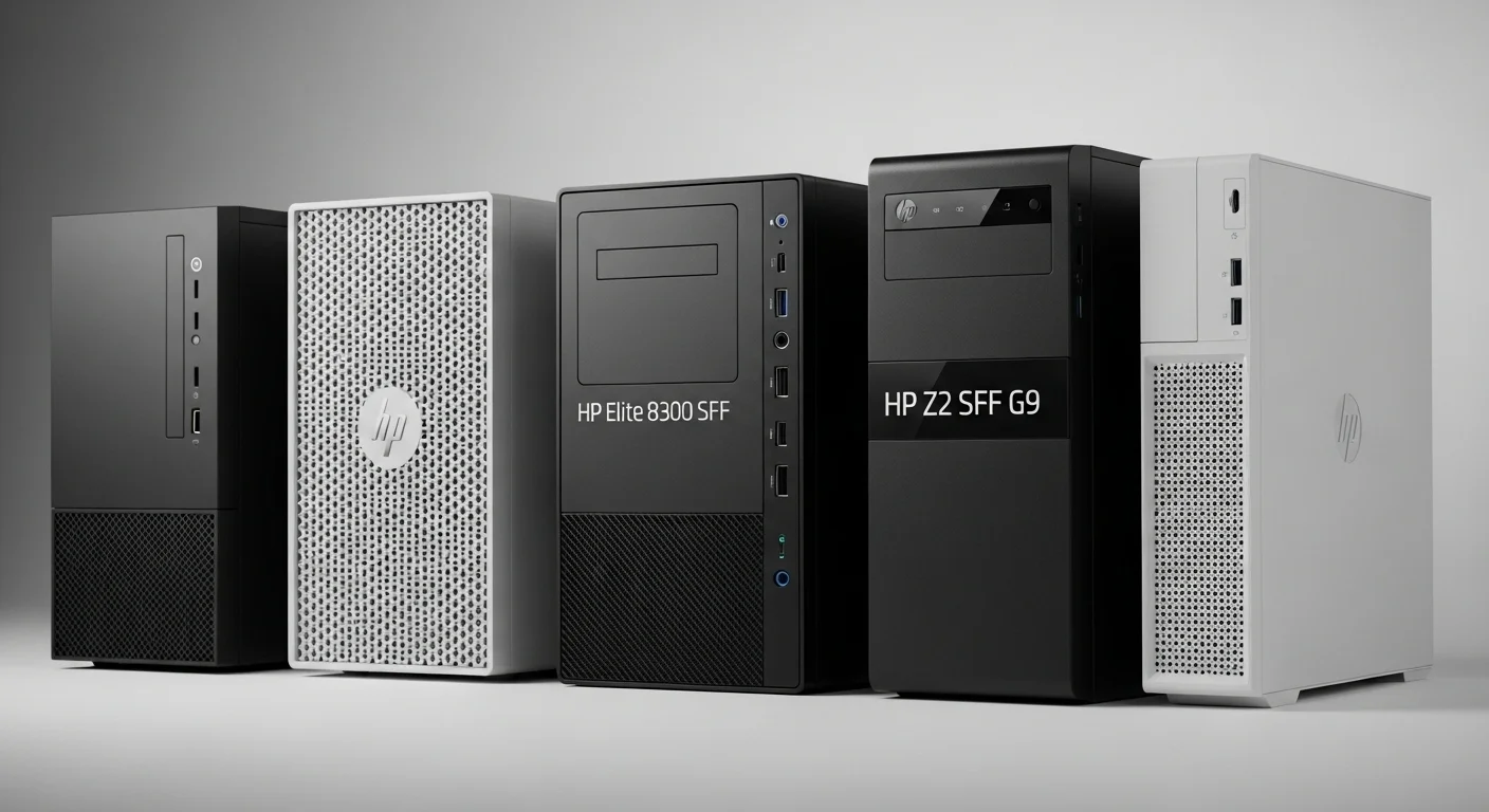 Varios modelos de computadoras HP SFF, incluyendo el HP Elite 8300 SFF y el HP Z2 SFF G9, uno al lado del otro.