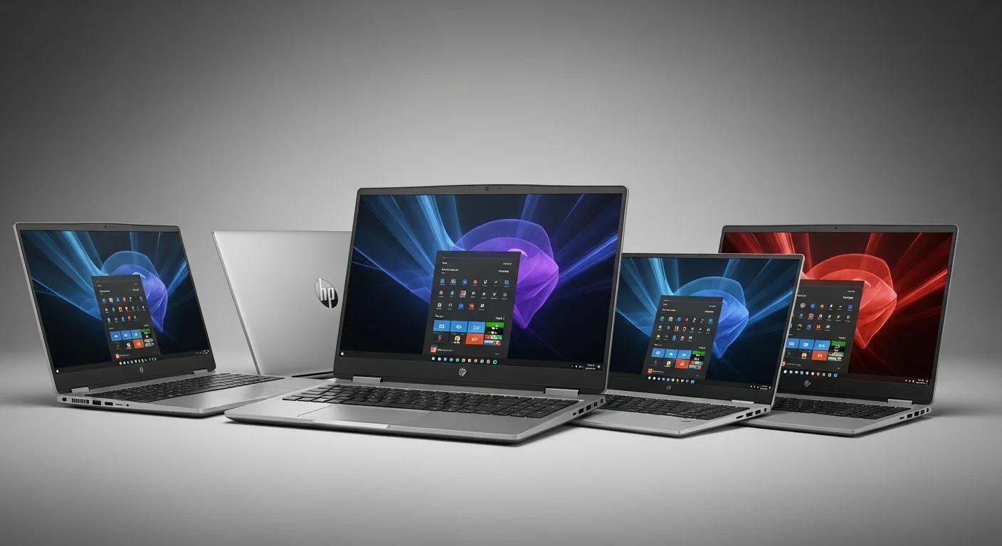 Varios modelos de laptops HP Zbook, incluyendo el Fury y el Firefly, dispuestos para una comparativa de diseño y tamaño.