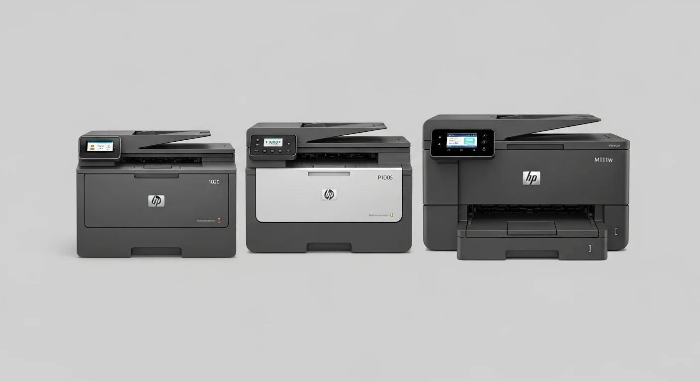 Imagen comparativa mostrando la impresora HP LaserJet 1020, la P1005 y la M111w una al lado de la otra para visualizar la evolución del diseño y el tamaño.