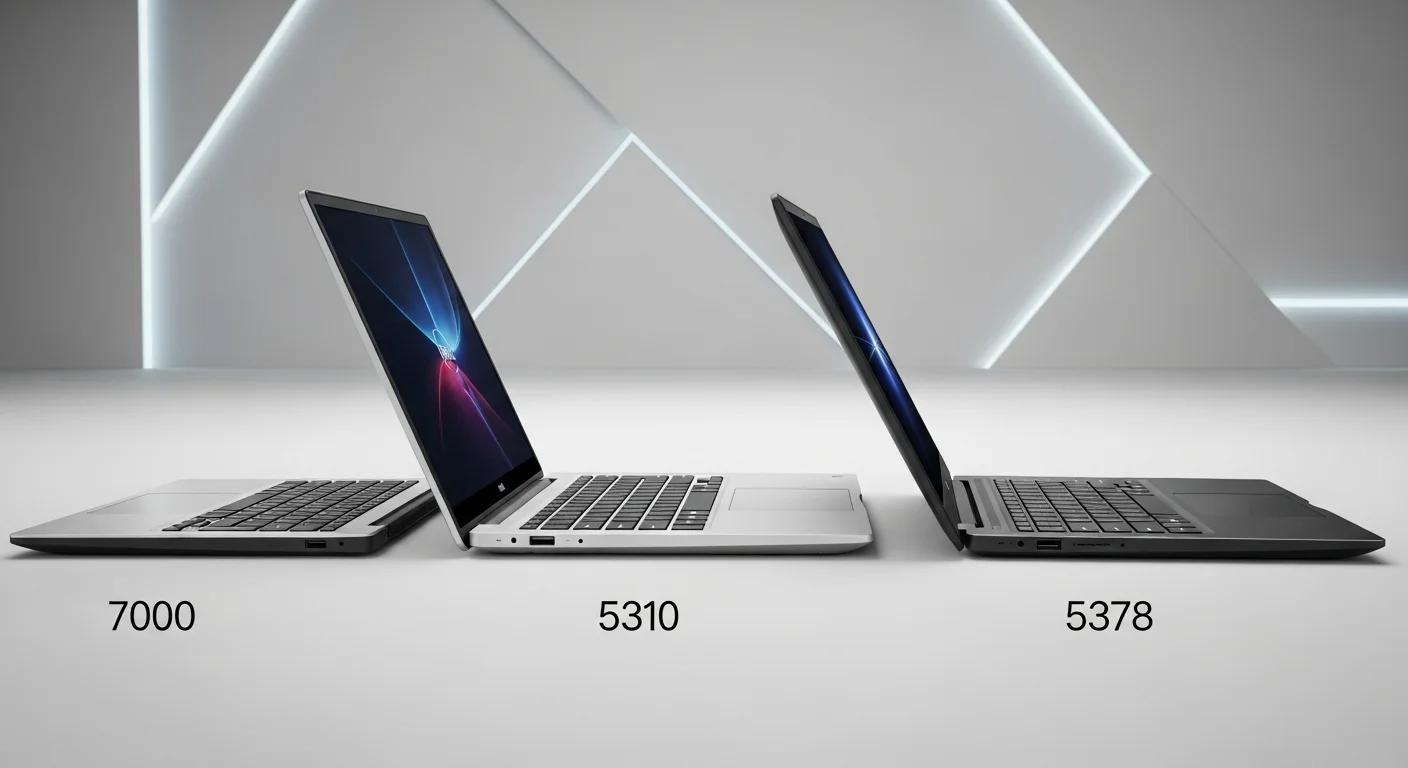 Imagen comparativa mostrando lado a lado los modelos Dell Inspiron 13 7000, 5310 y 5378, destacando sus diferencias de diseño y grosor.