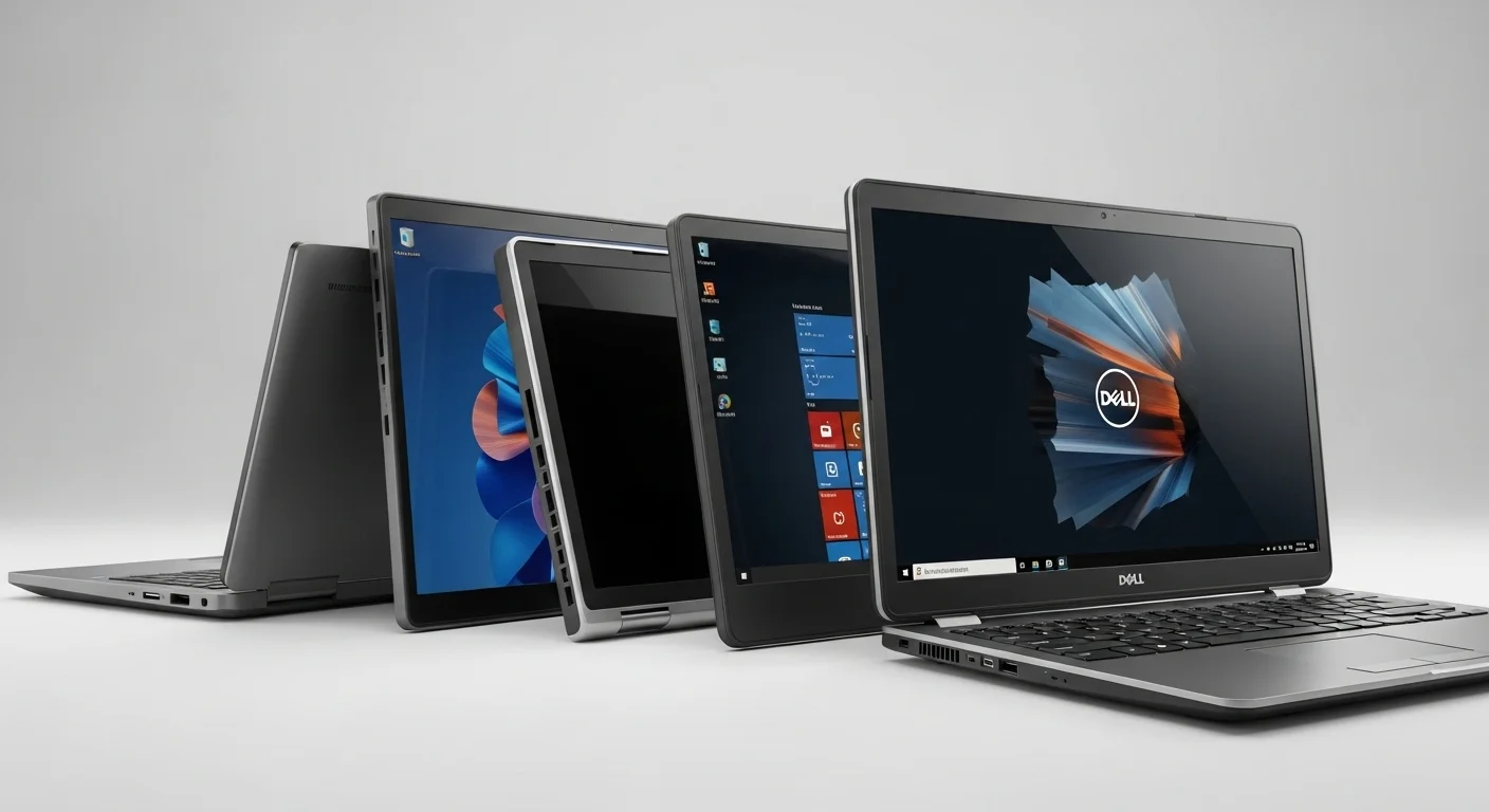 Varios modelos de computadoras Dell Latitude i7 alineados, mostrando la evolución del diseño y la tecnología a través de las generaciones.