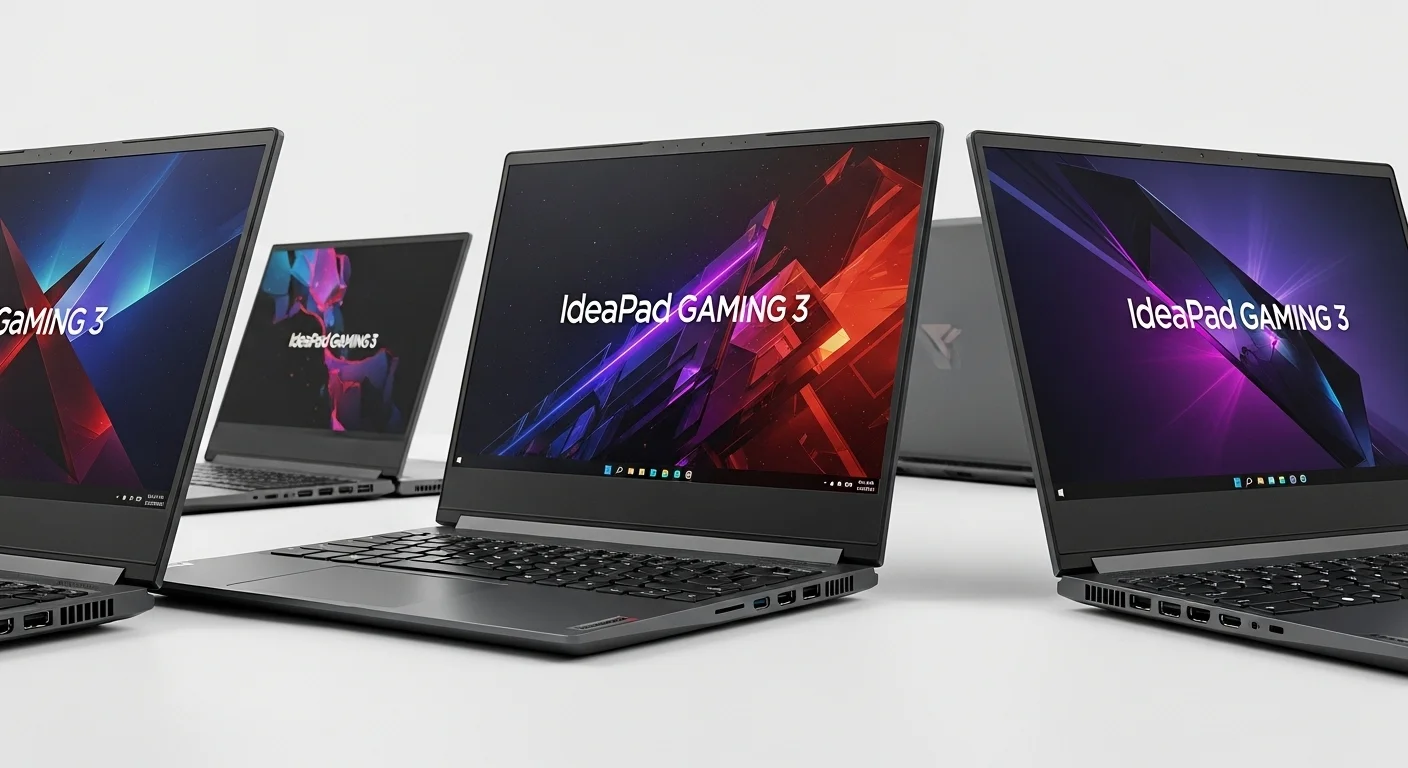 Comparativa visual de varios modelos de laptops Lenovo IdeaPad Gaming 3, destacando sus diferencias de diseño y puertos.