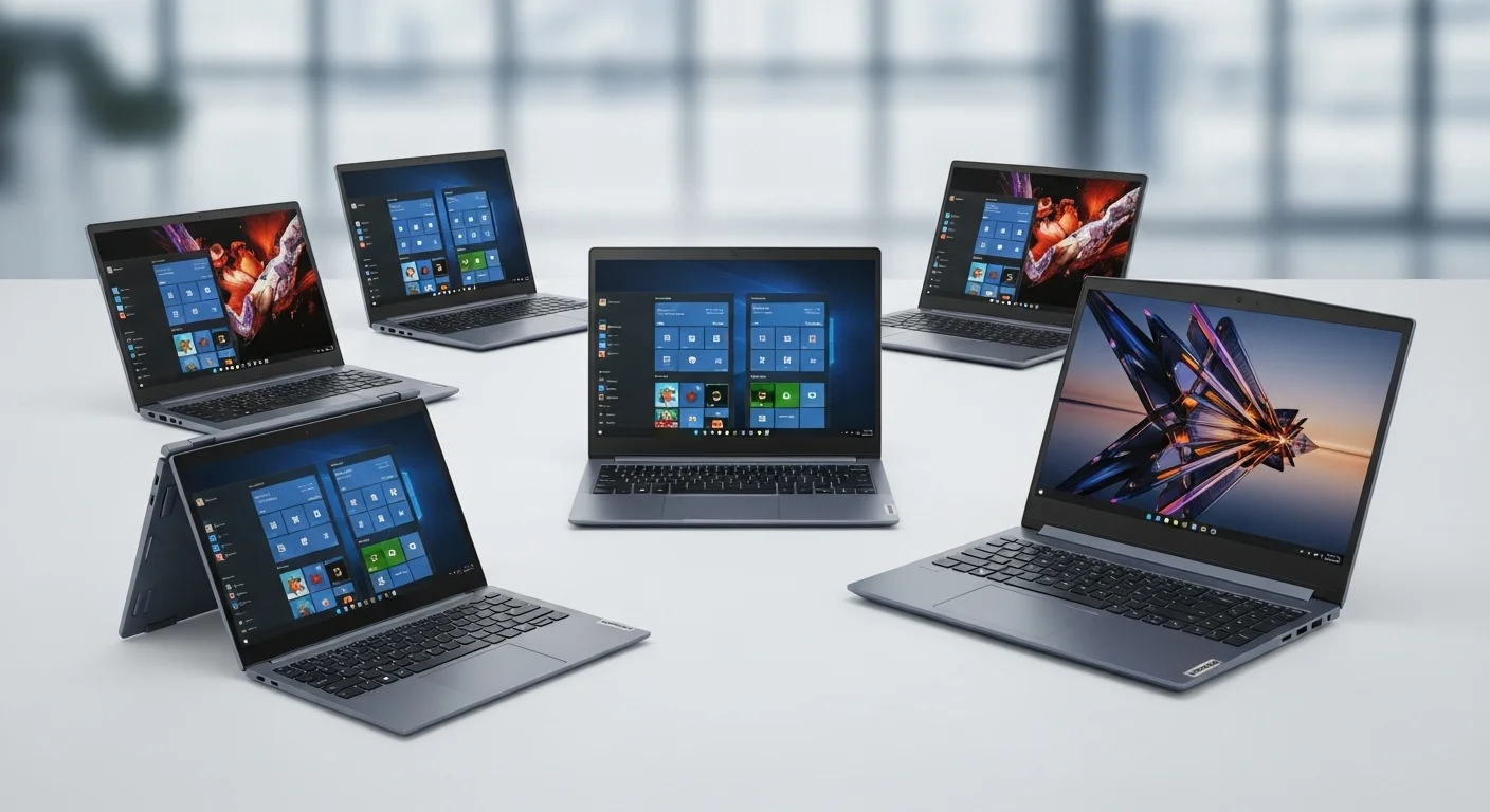 Una composición de varias computadoras Lenovo Ideapad, incluyendo un modelo 2-en-1 y una laptop para gaming, mostrando la diversidad de la línea y la tecnología de Lenovo.