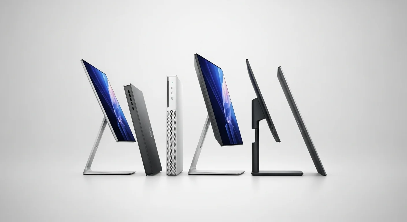 Vista lateral de varios modelos de computadoras Optiplex Aio, destacando la evolución de su diseño y delgadez.