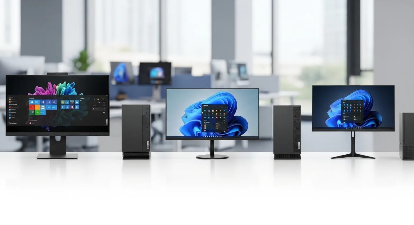 Comparativa de varios modelos de Lenovo Thinkcentre AIO, destacando la evolución del diseño y la tecnología en computadoras de oficina.