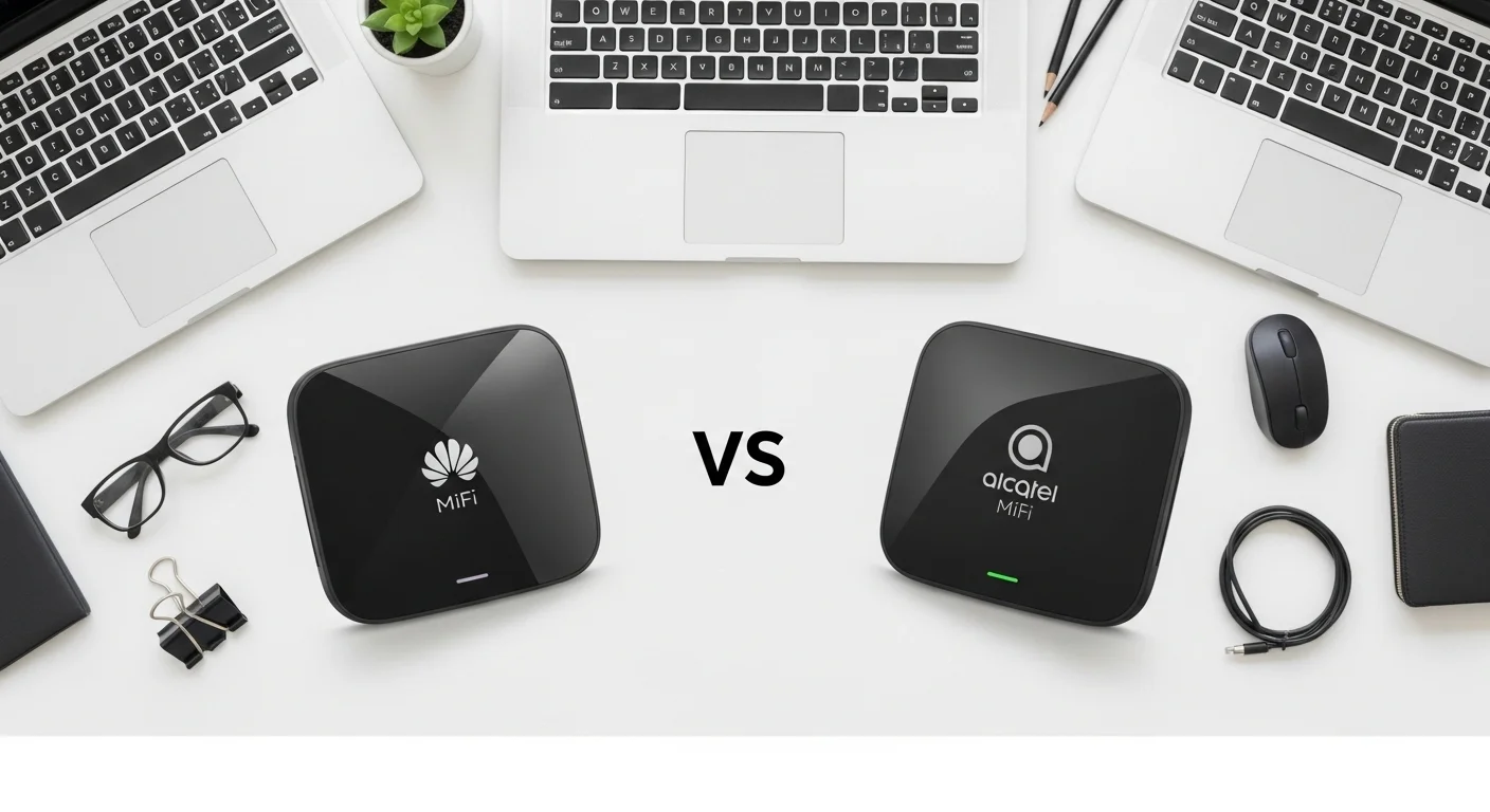 Imagen comparativa mostrando un modem Mifi Huawei y un modem Mifi Alcatel lado a lado, destacando sus diseños y su uso con laptops y accesorios de oficina.