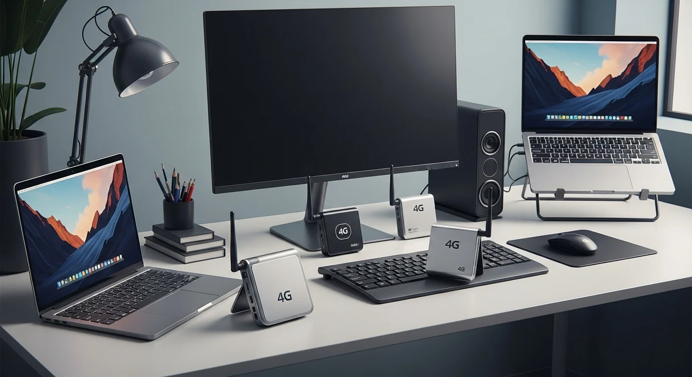 Varios modelos de módem 4G portátil sobre una mesa de oficina junto a otras computadoras y accesorios de tecnología.