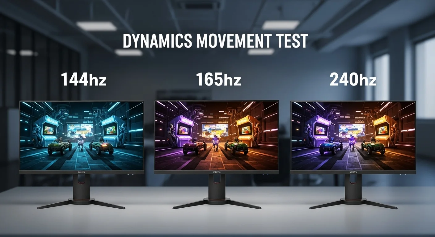 Comparativa lado a lado de tres monitores mostrando la claridad de movimiento en un monitor de 1ms a 144hz, 165hz y 240hz.